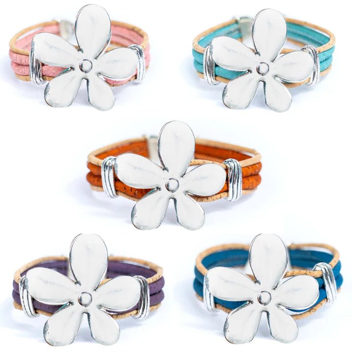 Group photo of cork bracelet with large flower pendant.
