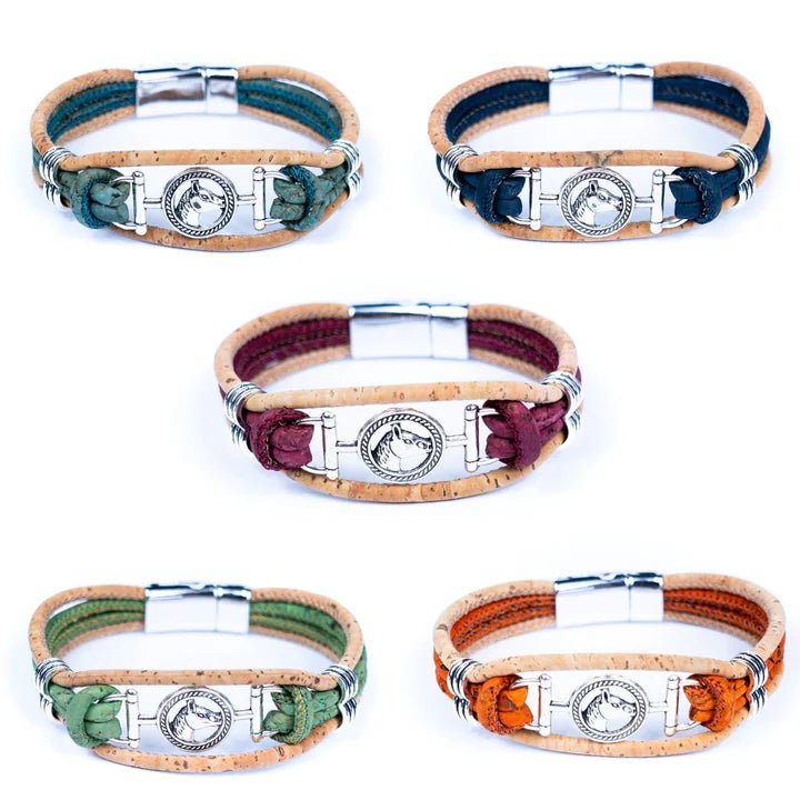 Set of five cork leather bracelets with metal alloy horsehead pendant on a white background
