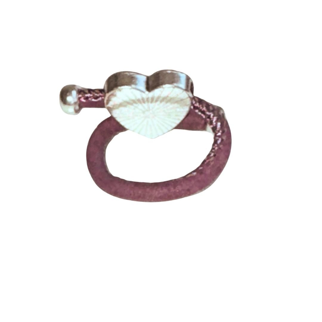 Silver heart charm purple cork ring back view on a white background