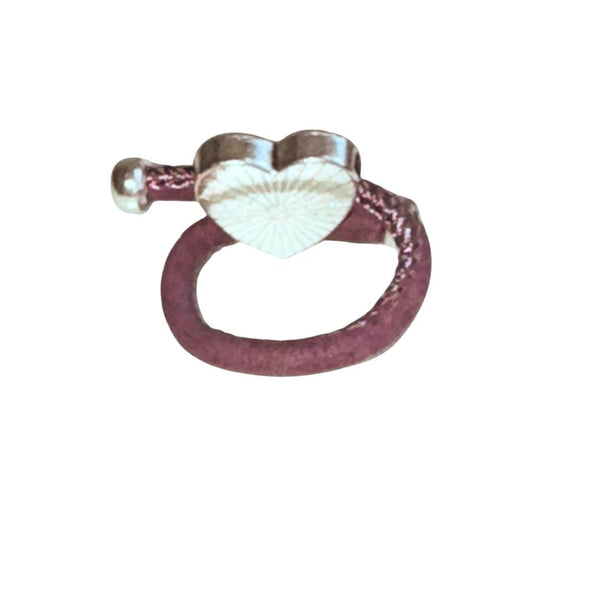 Silver heart charm purple cork ring back view on a white background