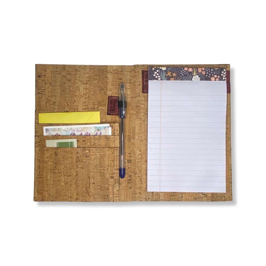 Cork Leather Notebook Cover - Small Refillable Notepad - Inside View showing 3 pockets and pen holder 