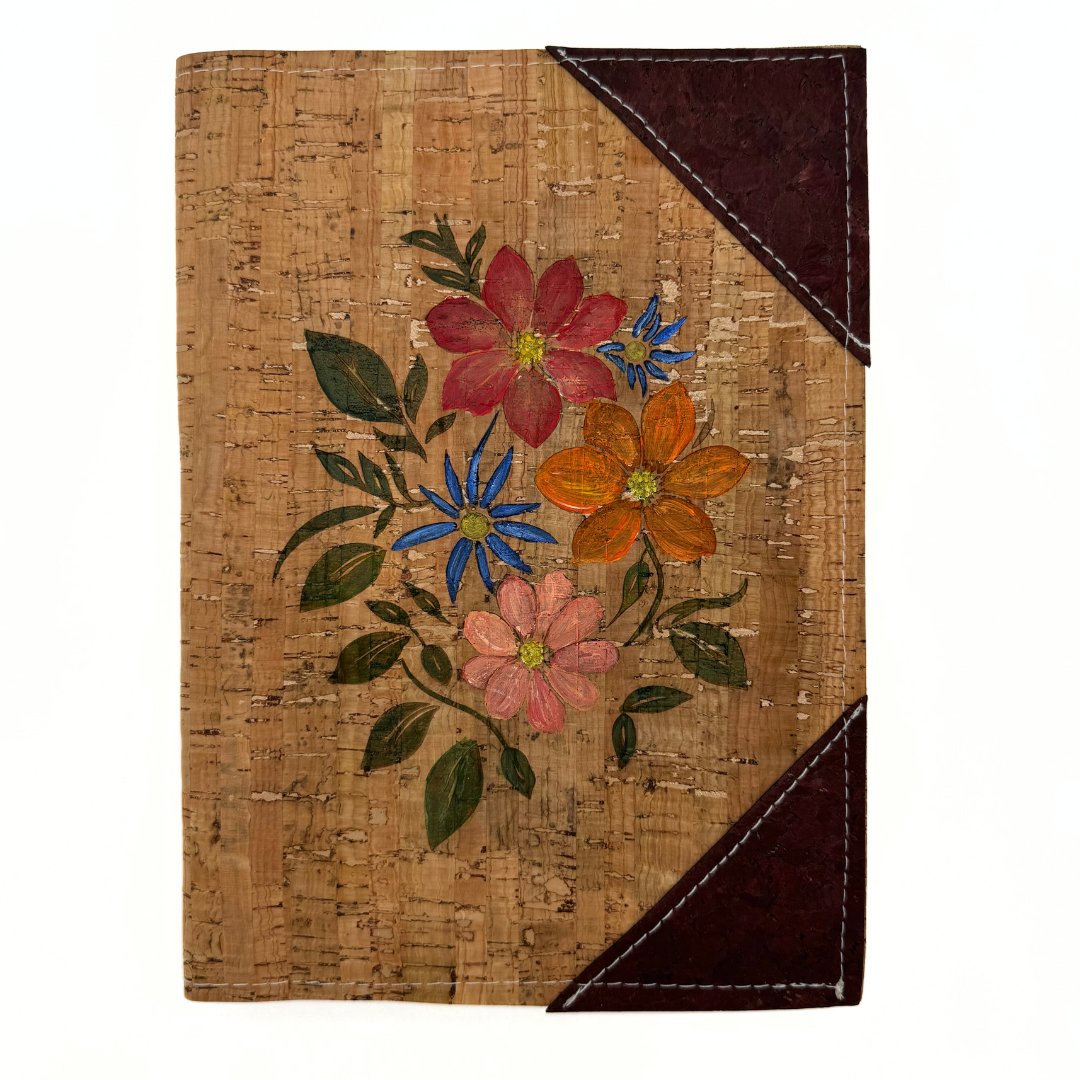 Hand-Painted Cork Leather Notebook Cover with Refillable Notepad - Floral Bouquet - Red, Orange, Pink, Blue