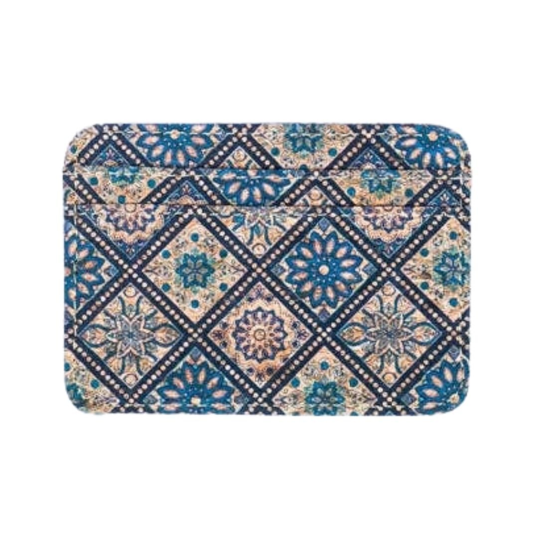 Patterned Cork Slim Card Wallet | Blue Tiles - front | Texas Cork Company