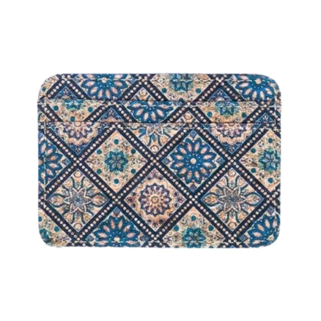 Patterned Cork Slim Card Wallet | Blue Tiles - front | Texas Cork Company