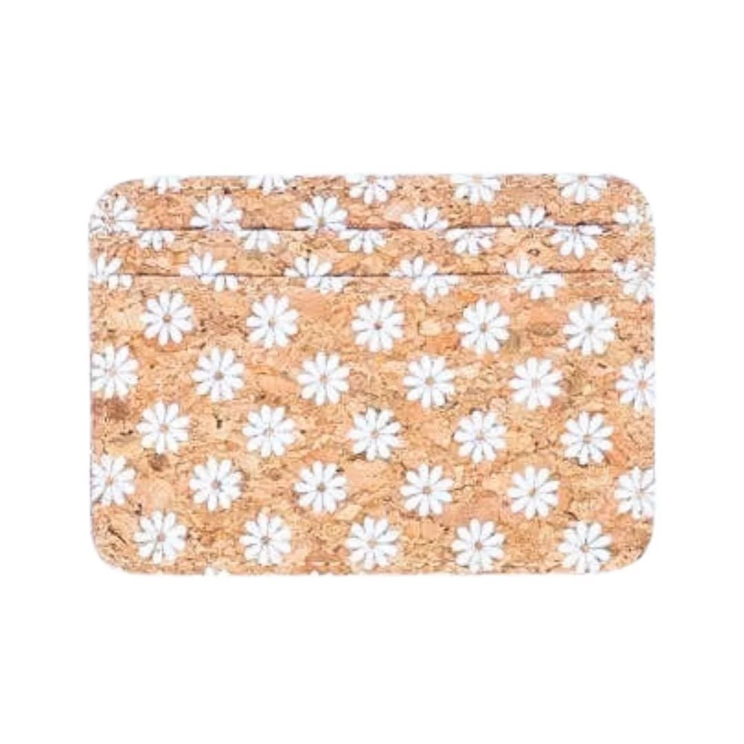 Patterned Cork Slim Card Wallet | Daisises - front 