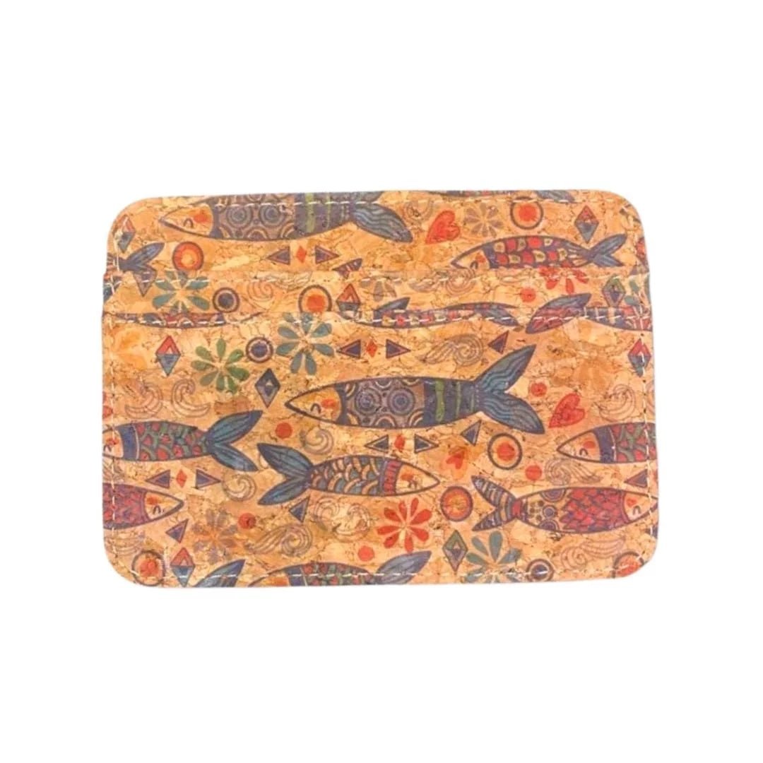 Patterned Cork Slim Card Wallet | Fish - front 