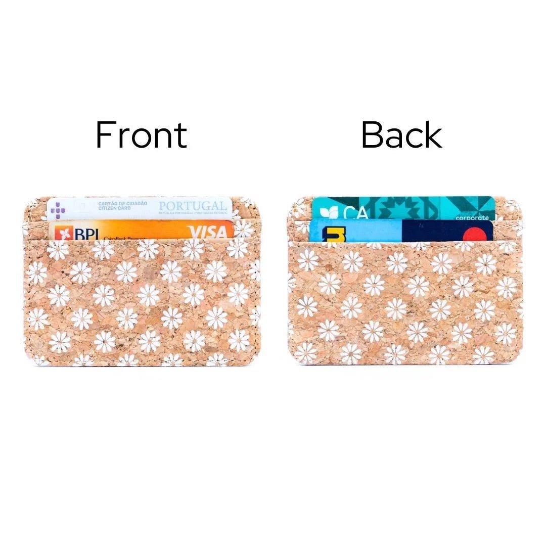 Patterned Cork Slim Card Wallet | Daisises - front & back