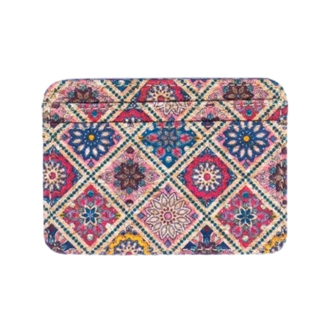 Patterned Cork Slim Card Wallet | Pink & Blue tiles - front | Texas Cork Company