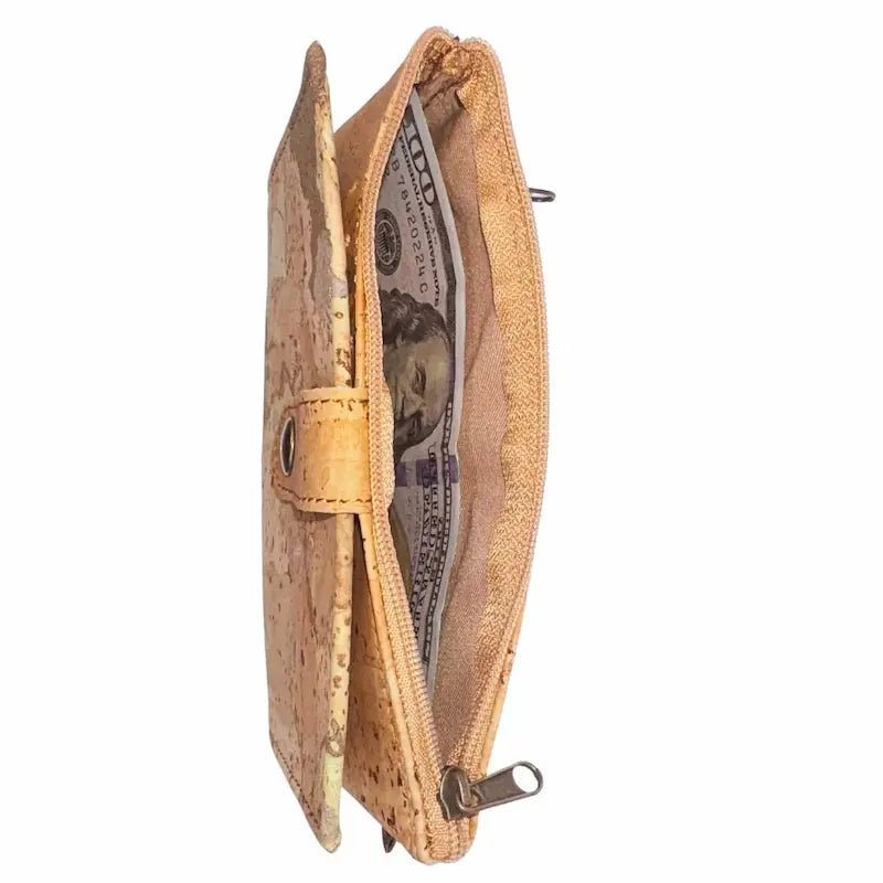 Inside of Seattle Slim Woman's Cork Wallet coin and bill zippered pocket