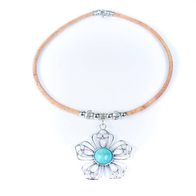 Cork Necklace with Turquoise Ceramic Flower