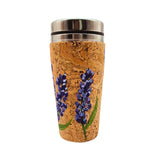 Cork travel mug with bluebonnet design on a white background