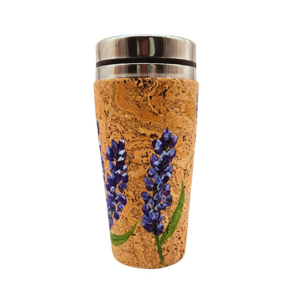 Cork travel mug with bluebonnet design on a white background