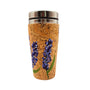 Cork travel mug with bluebonnet design on a white background
