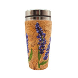 Cork travel mug with bluebonnet design on a white background