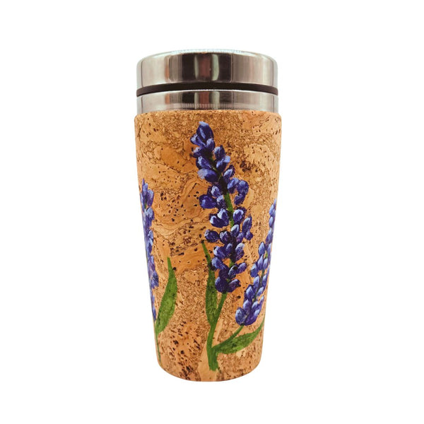 Cork travel mug with bluebonnet design on a white background