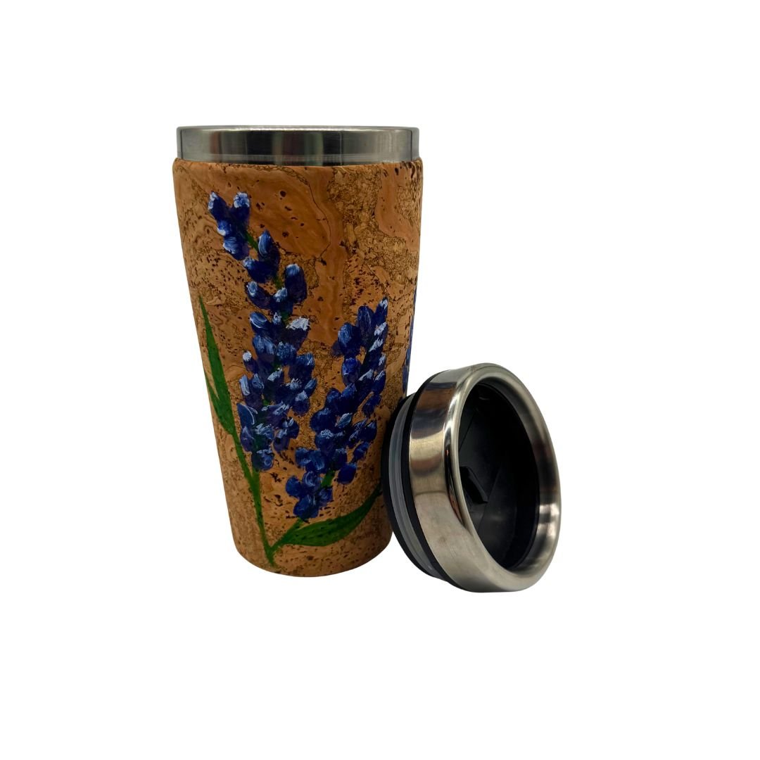 Cork travel mug with bluebonnet design on a white background with lid beside it