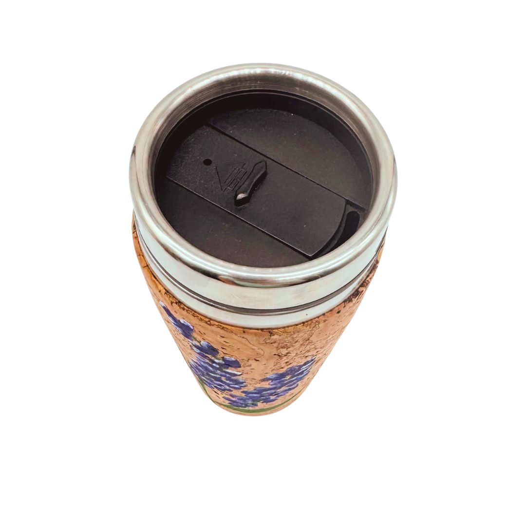 Cork travel mug view of top of lid