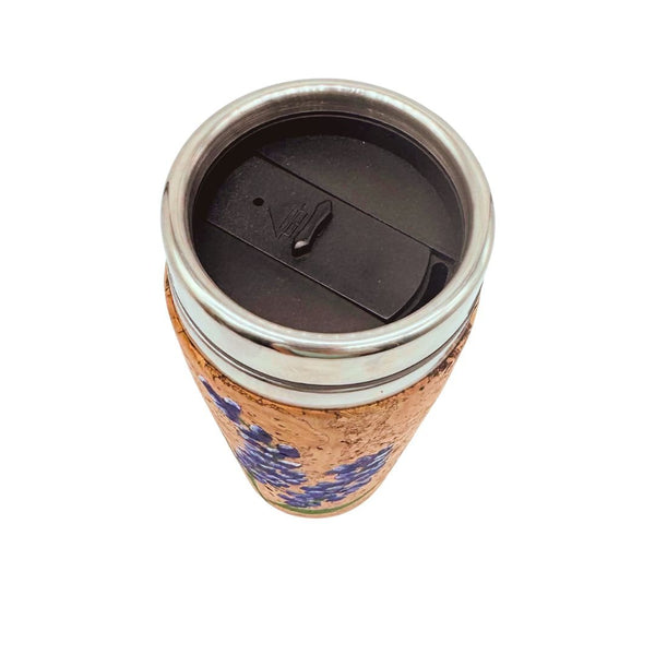 Cork travel mug view of top of lid