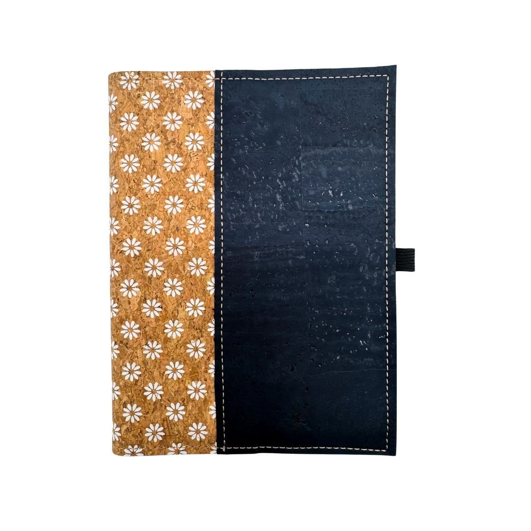 Cork Leather Notebook Cover - White daisies with navy blue right border