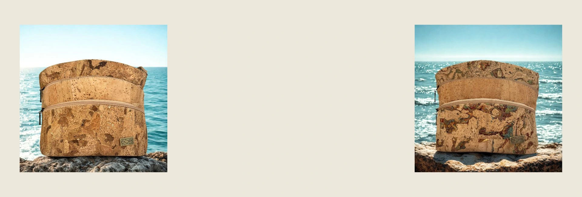  Dallas cork crossbody bag on  large boulder near the ocean. Gold on the left, Roots on the right.