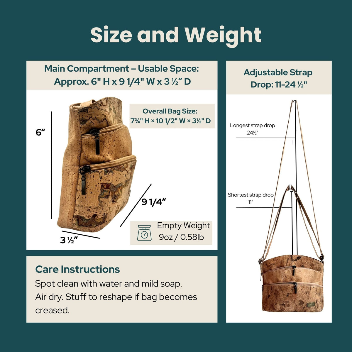 Dallas cork crossbody size and weight information with a cork bag illustration on a green background