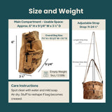 Dallas cork crossbody size and weight information with a cork bag illustration on a green background