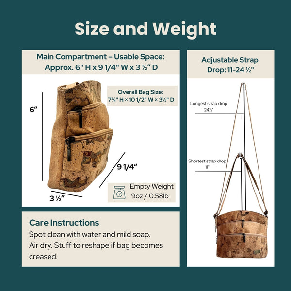 Dallas cork crossbody size and weight information with a cork bag illustration on a green background