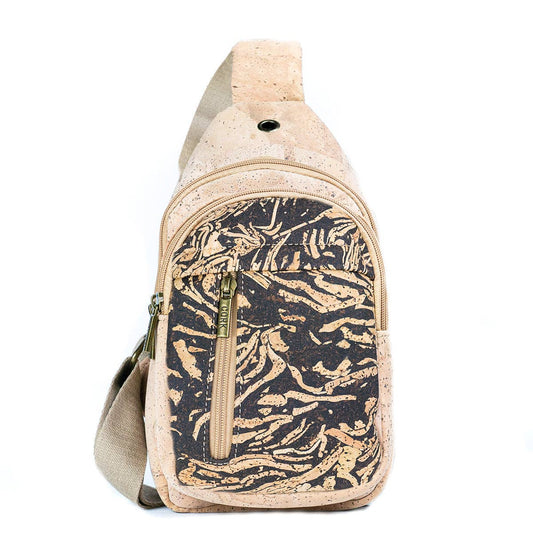 Front of Dark Swirl coffee cork chest sling travel bag from Texas Cork Company