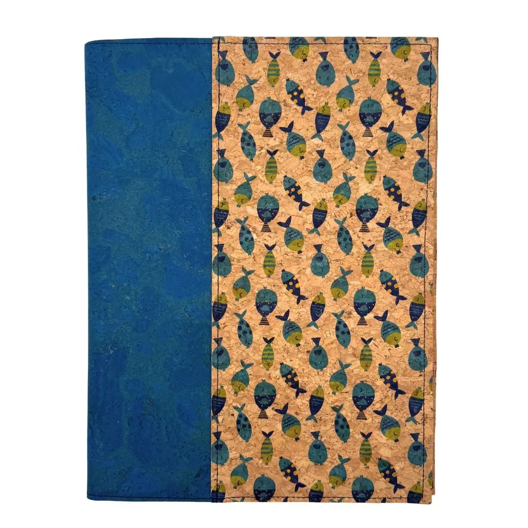 Cork Leather Spiral Cover - front - Deep Blue Sea with Fish accent on right border
