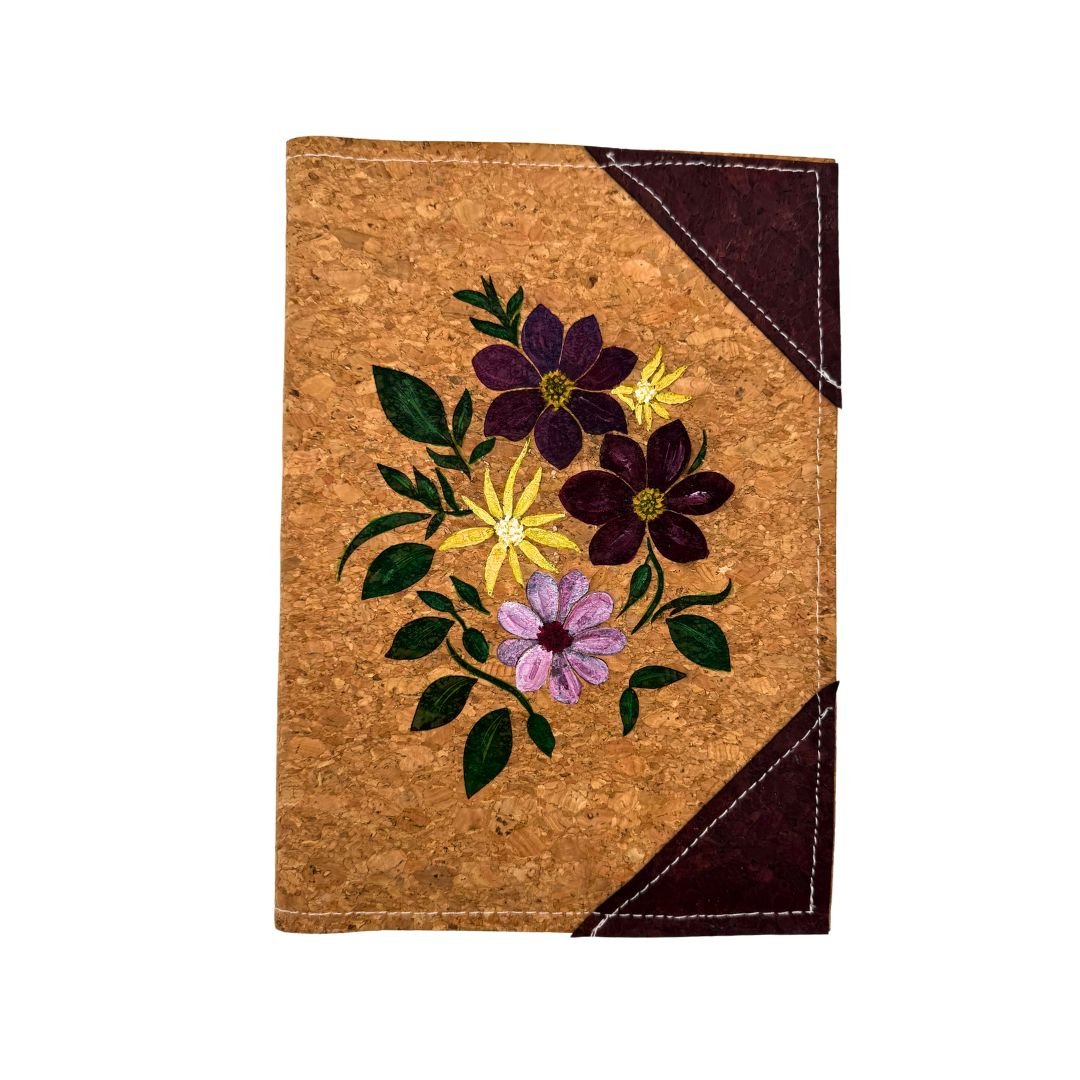 Hand-Painted Cork Leather Notebook Cover with Refillable Notepad - Floral Bouquet - Deep Purple, Lavender, Yellow