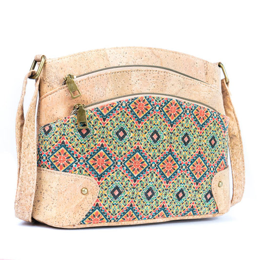 Front view of Diamonds pattern of Three Line Zipper Crossbody from Texas Cork Company