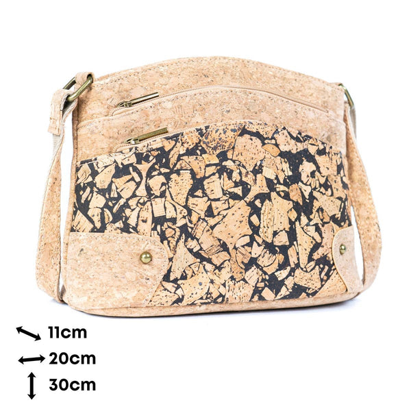 Dimensions in centimeters of three-line zipper cork crossbody bag from Texas Cork Company