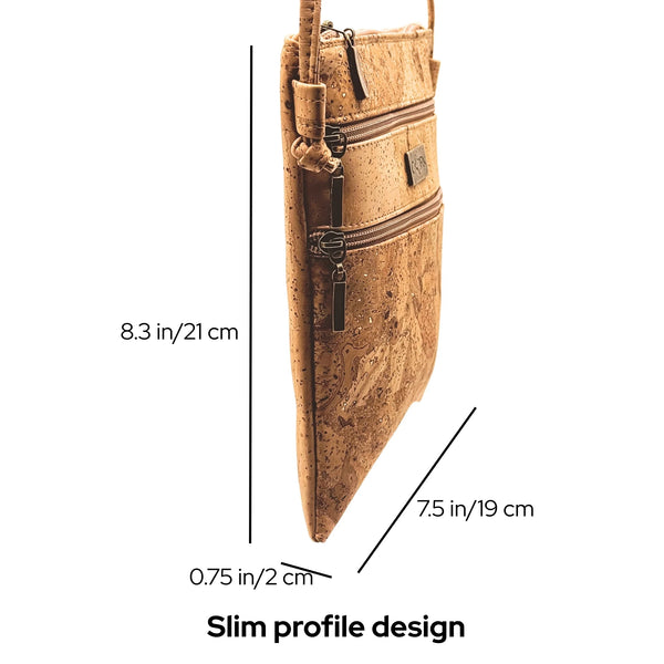 Charleston cork crossbody bag with measurements on a white background