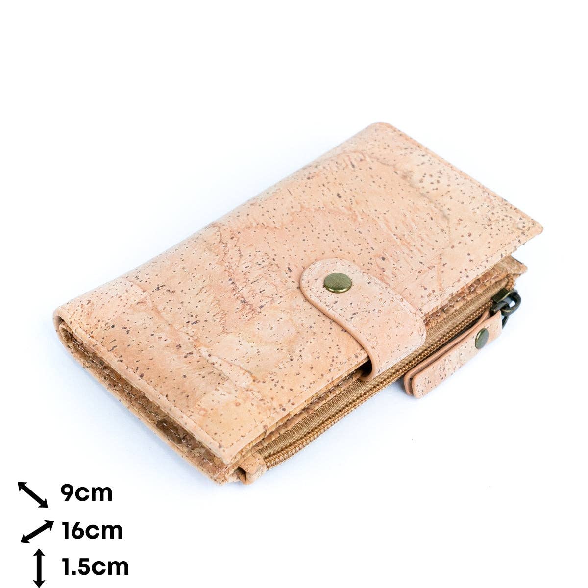 Dimensions of  chic cork wallet with snap closure from Texas Cork Company