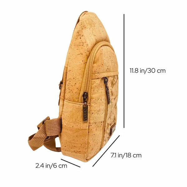Dimensions of Belmont Sling Chest Bag - also shows side view