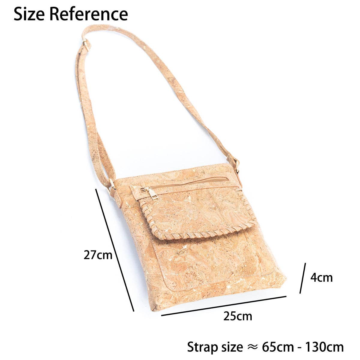 Dimensions of molten gold cork shoulder bag with metallic accents from Texas Cork Company