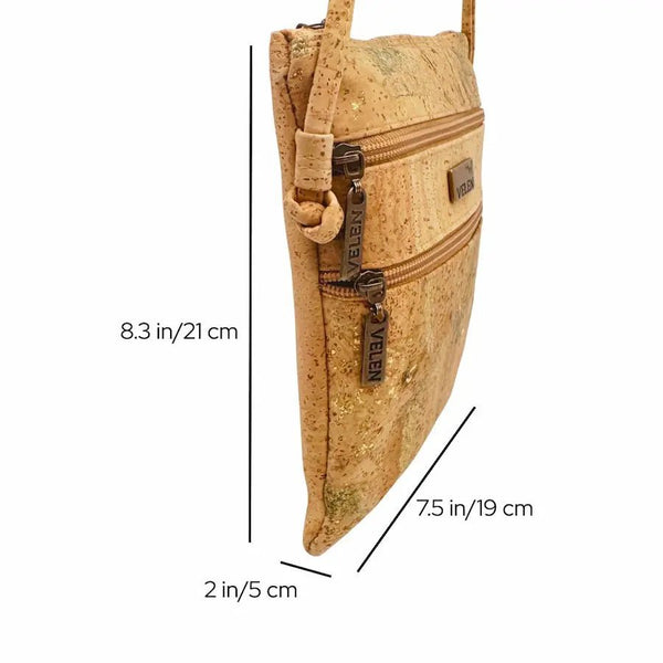 Dimensions of Charleston Cork Triple Zip Crossbody Bag and side view.