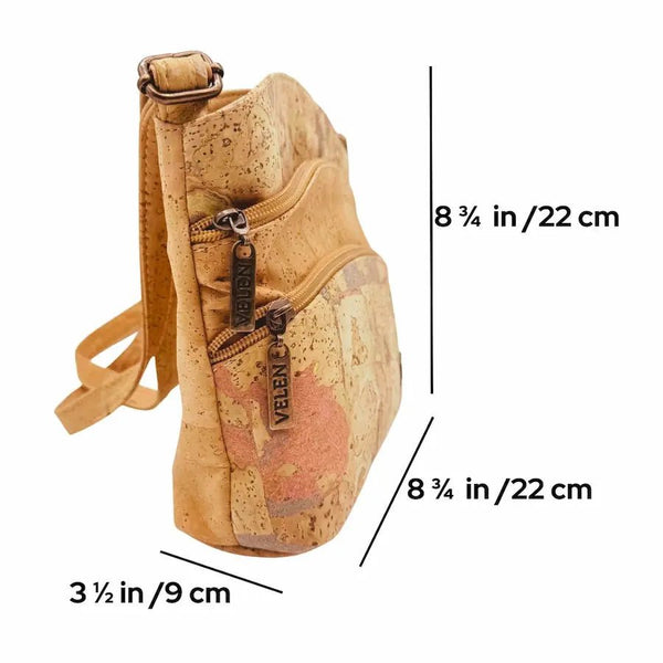 Triple Zip Dallas Cork handbag with measurements on a white background