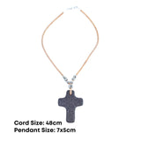 Dimensions of volcanic stone cross on handmade cork necklace from Texas Cork Company