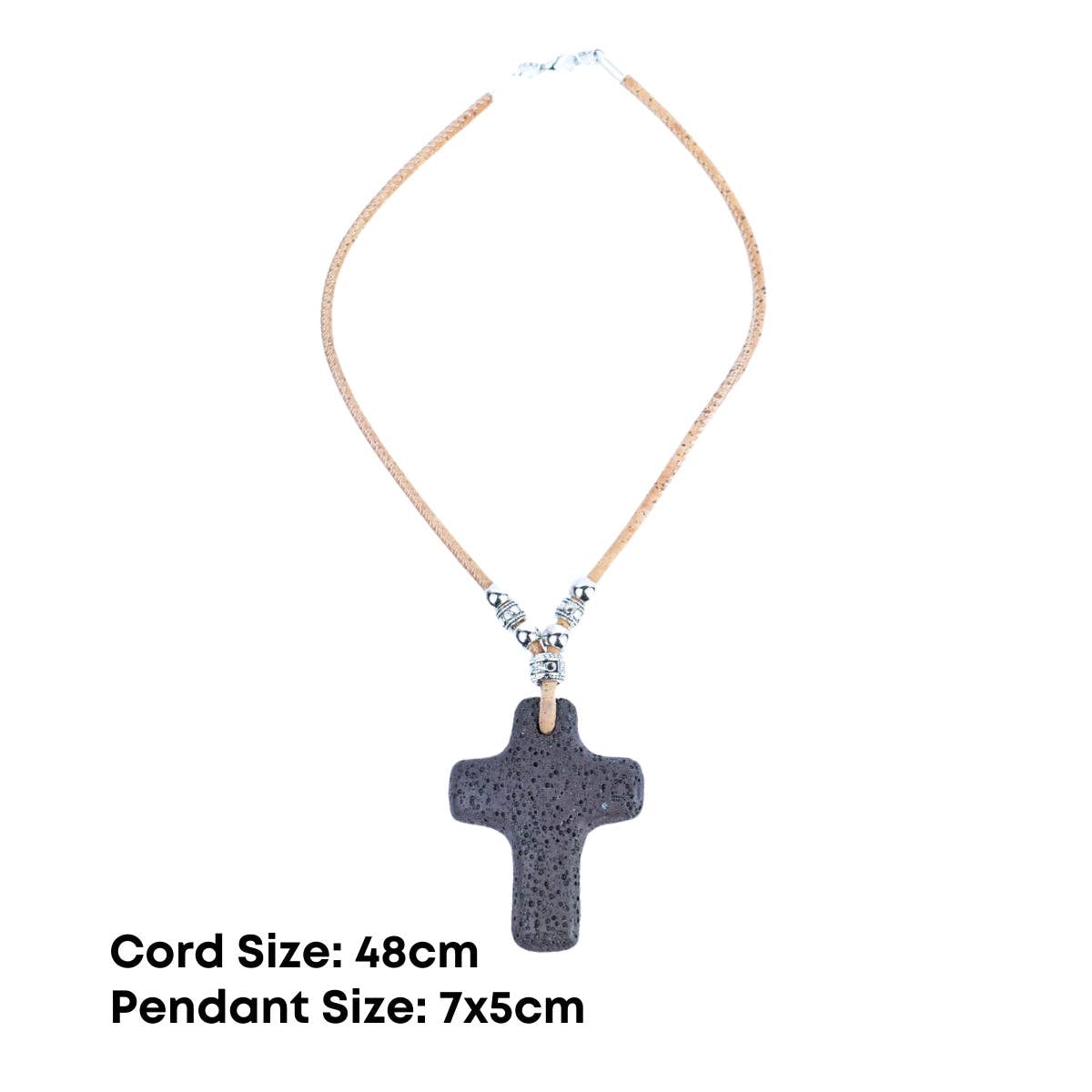 Dimensions of volcanic stone cross on handmade cork necklace from Texas Cork Company