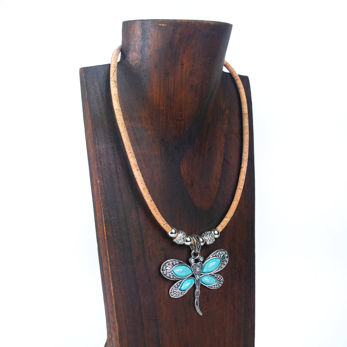 Display of Dragonfly Pendant on Natural Cork Necklace from Texas Cork Company