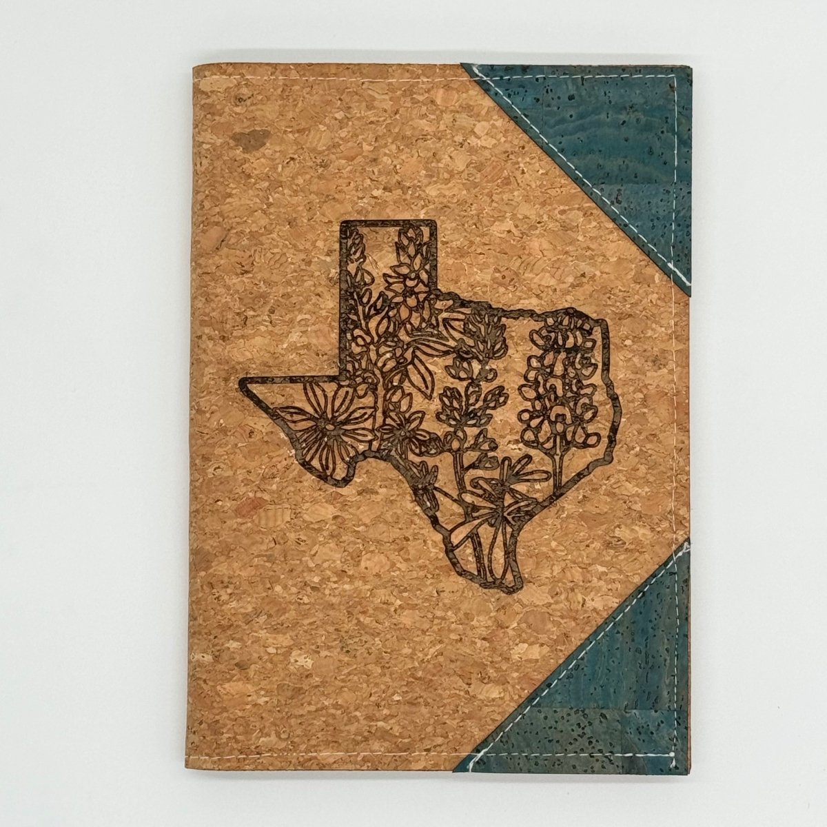 Texas outline with Bluebonnet  Engraved on the front cover of the Cork Leather Notebook with Refillable Notepad - Small - Texas Cork Company