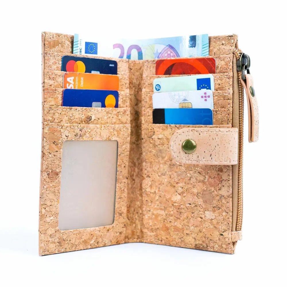 Card and money pockets of  chic cork wallet with snap closure from Texas Cork Company