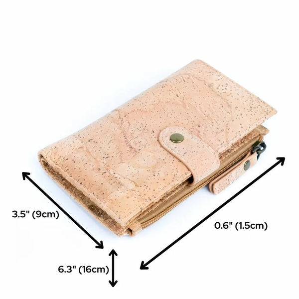 Dimensions of  chic cork wallet with snap closure from Texas Cork Company