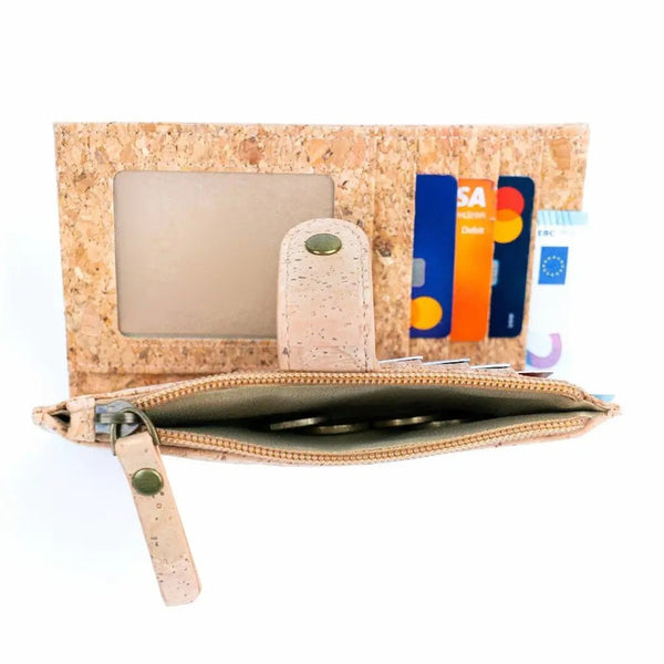 Coin zip pocket of  chic cork wallet with snap closure from Texas Cork Company