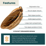 Features and interior of Dallas cork crossbody bag from Texas Cork Company