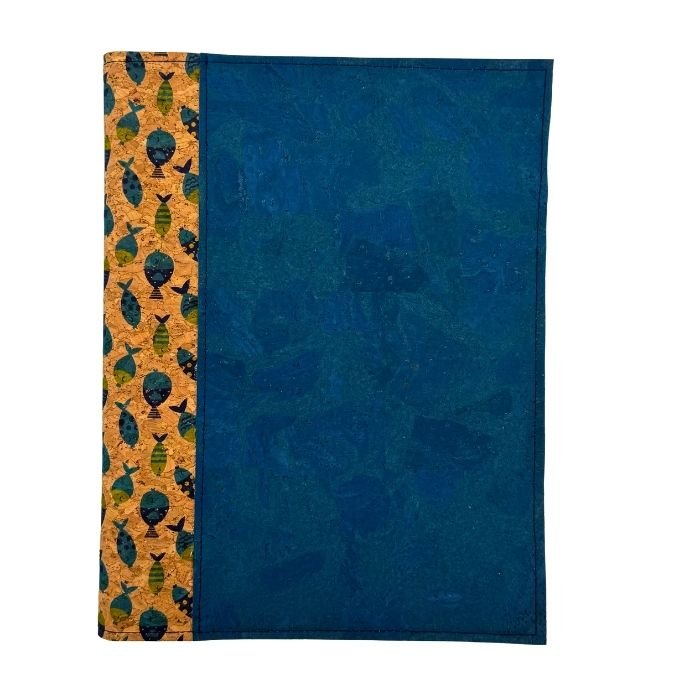Cork Leather Spiral Cover - front - Fish with Deep Blue Sea accent on right border