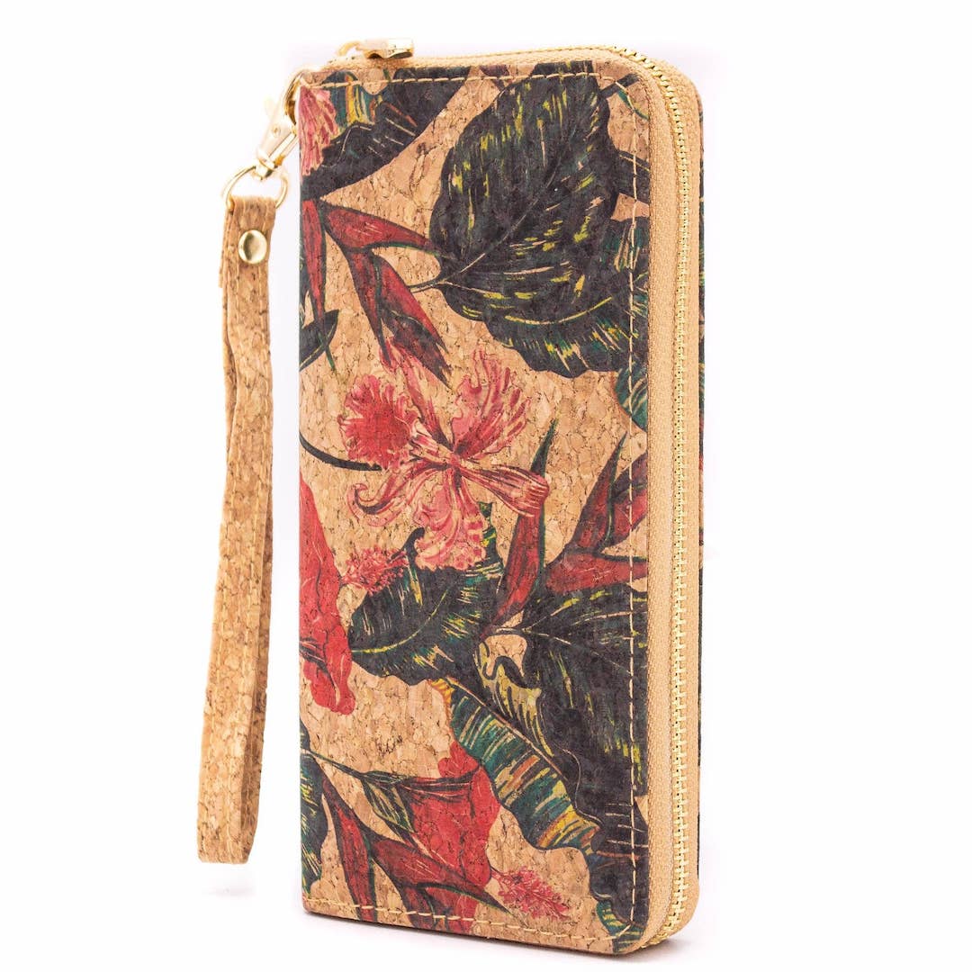 Floral Cork Zipper Wristlet Wallet | Eco-Friendly Vegan Leather -BAG-324-R-new - Texas Cork Company