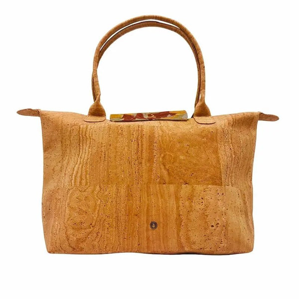 Back view of the cork tote bag highlighting natural cork finish and stitching