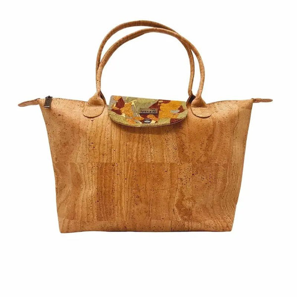 Front view of the foldable vegan cork tote bag showing cork texture and sturdy handles in Patchwork